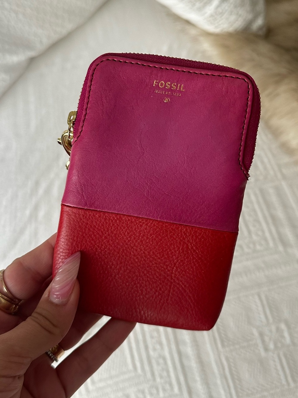 Fossil Pink and Red Leather Zip Card Wallet Wristlet